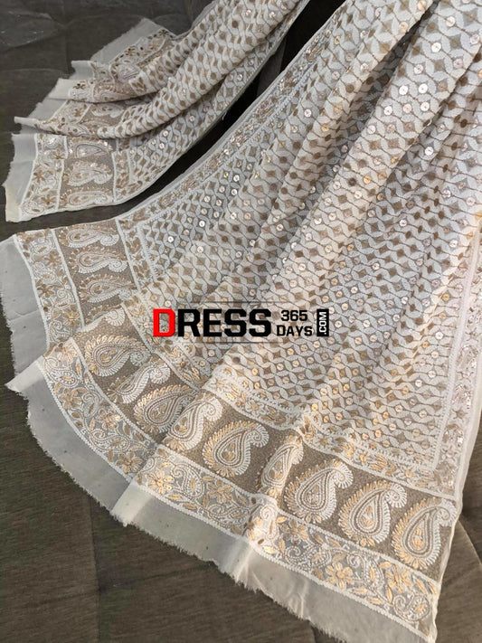 Ivory Hand Embroidered Gota Patti Chikankari Dupatta