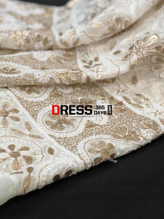 Ivory Hand Embroidered Gota Patti Lucknowi Dupatta Chikankari