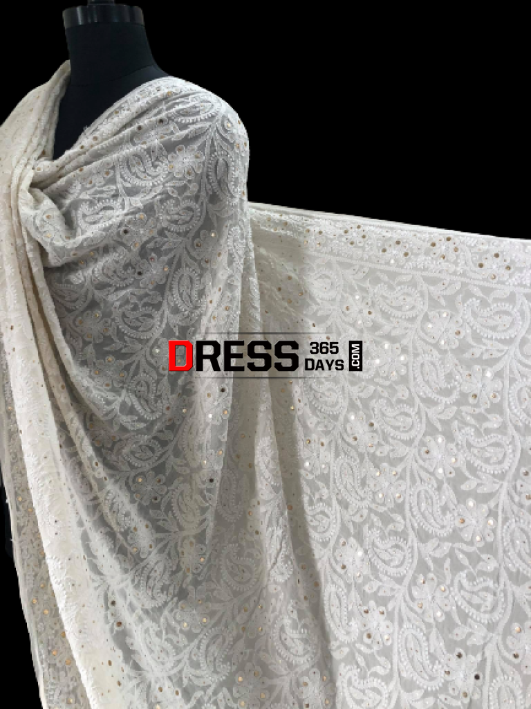 Ivory Hand Embroidered Kamdani Chikankari Dupatta
