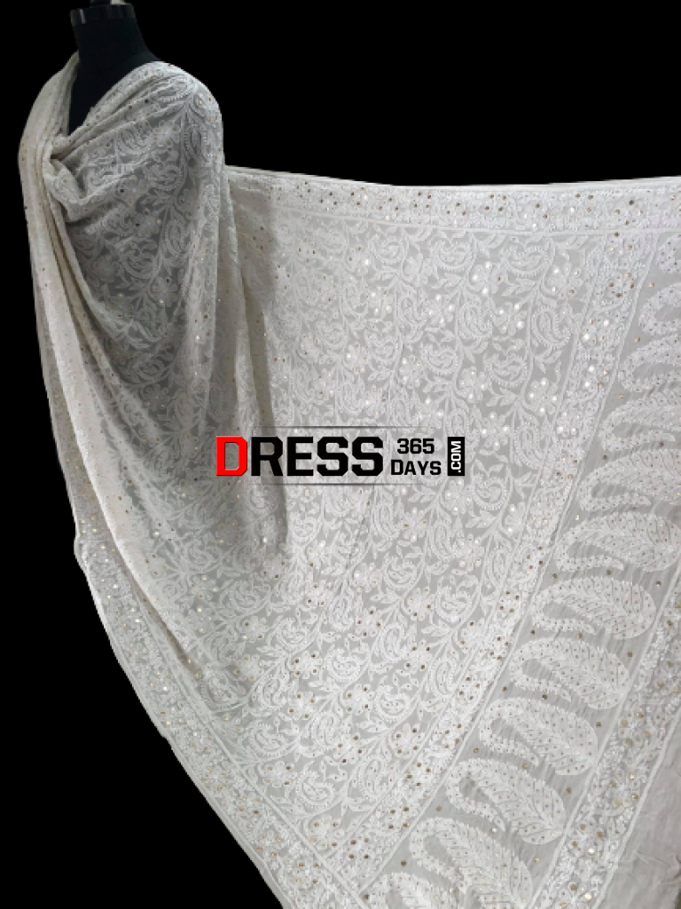 Ivory Hand Embroidered Kamdani Chikankari Dupatta