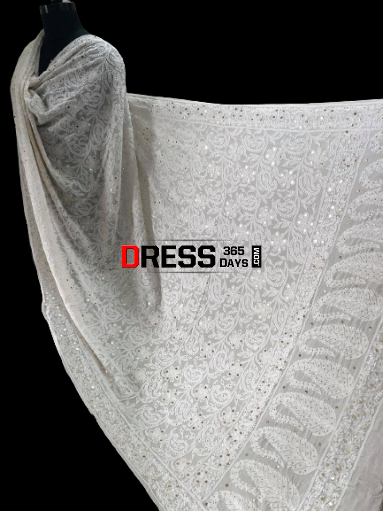 Cream Pure Georgette Chikankari & Kamdani Dupatta main image 0