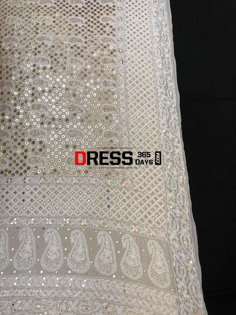 Ivory Hand Embroidered Ring Mukaish Chikankari Dupatta