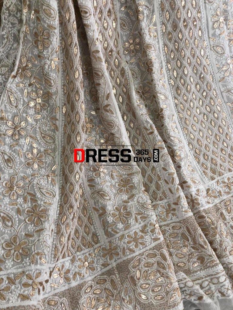 Ivory Hand Embroidered Zari Gota Patti Chikankari Anarkali Suit