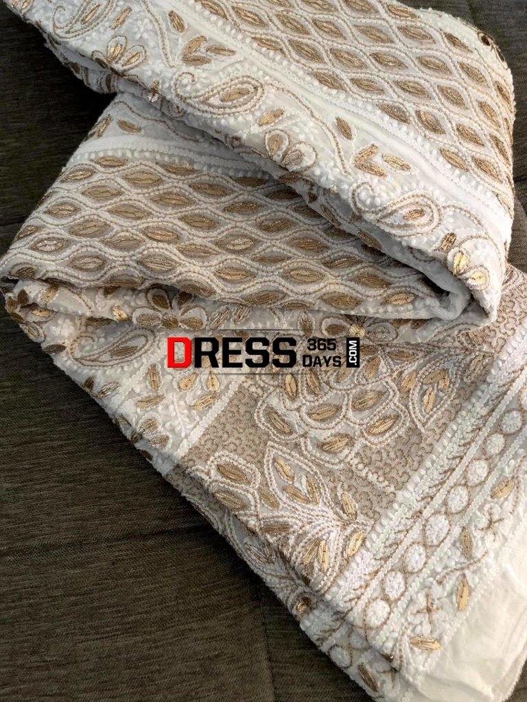 Ivory Hand Embroidered Zari Gota Patti Chikankari Anarkali Suit
