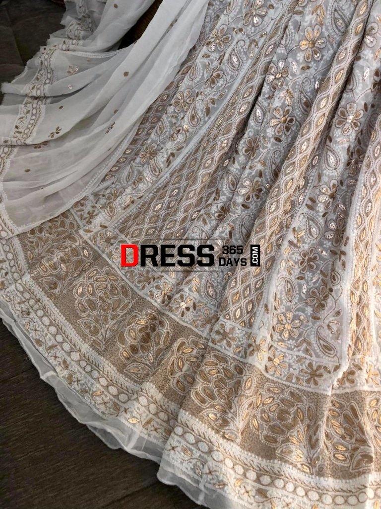 Ivory Hand Embroidered Zari Gota Patti Chikankari Anarkali Suit
