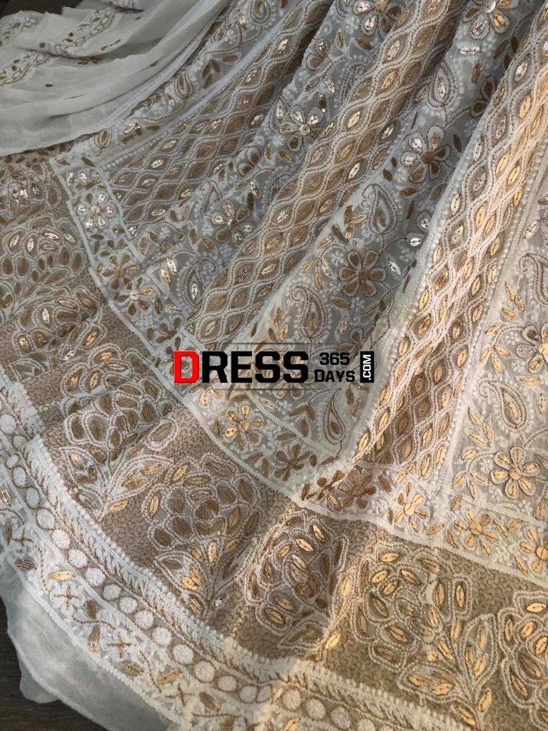 Ivory Hand Embroidered Zari Gota Patti Chikankari Anarkali Suit