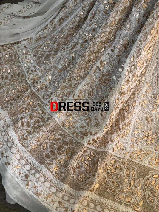 Ivory Hand Embroidered Zari Gota Patti Chikankari Anarkali Suit