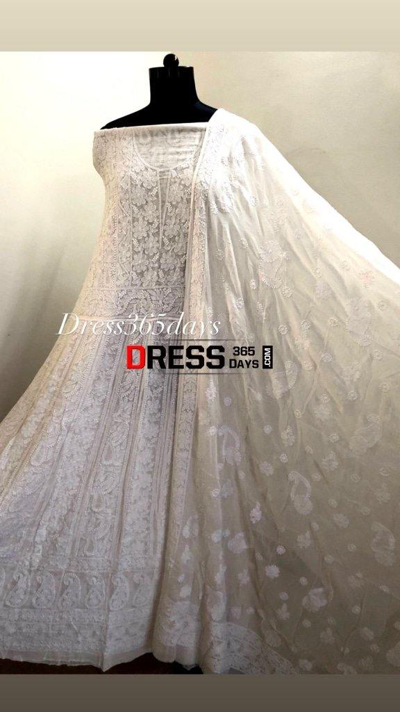 Ivory Jaali Work Chikankari Anarkali With Embroidered Dupatta