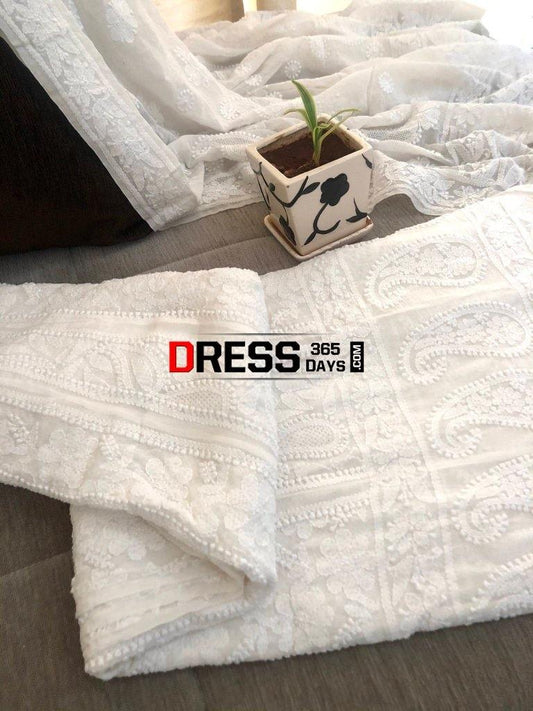Ivory Jaali Work Chikankari Anarkali With Embroidered Dupatta