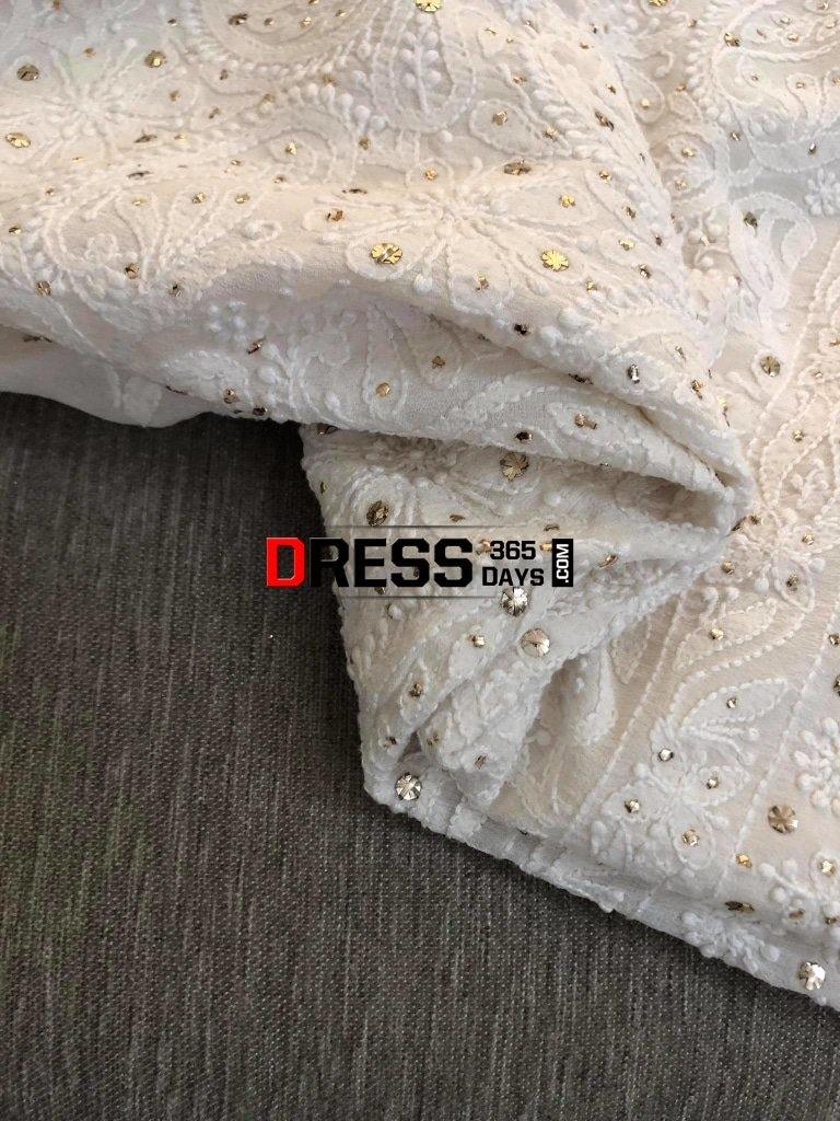 Ivory Kamdani Chikankari Three Piece Suit With Embroidered Sleeves Suits