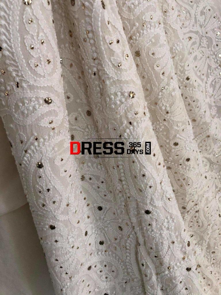 Ivory Kamdani Chikankari Three Piece Suit With Embroidered Sleeves Suits