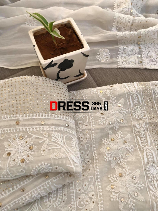 Ivory Kamdani Lucknowi Anarkali Suit Chikankari