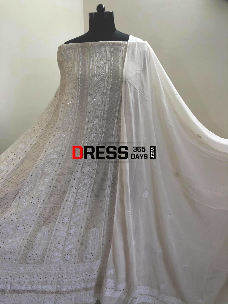 Ivory Kamdani Lucknowi Anarkali Suit Chikankari