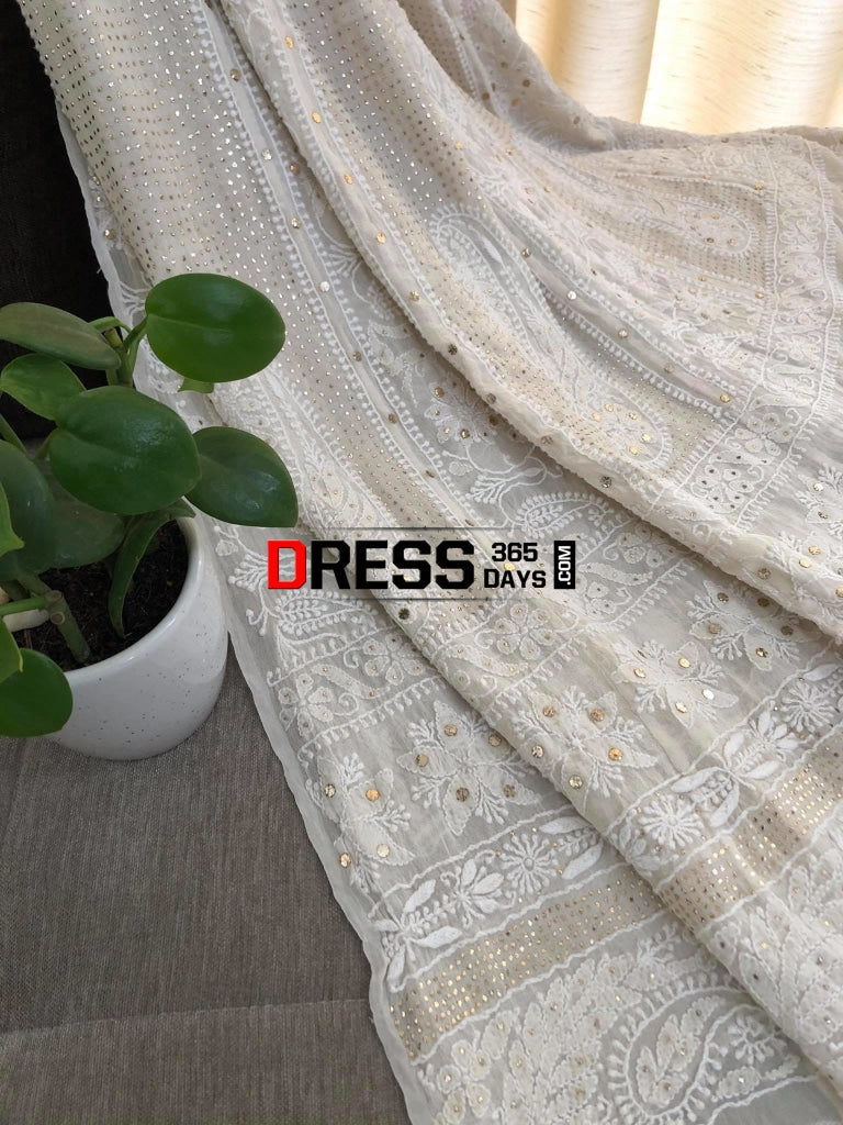 Ivory Kamdani Lucknowi Anarkali Suit Chikankari