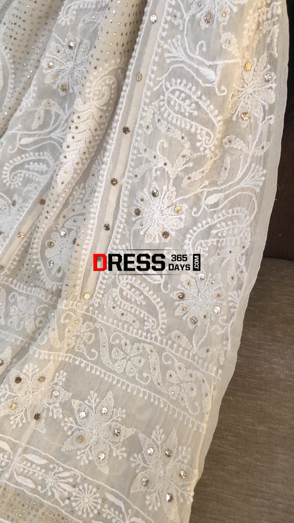Ivory Kamdani Lucknowi Anarkali Suit Chikankari