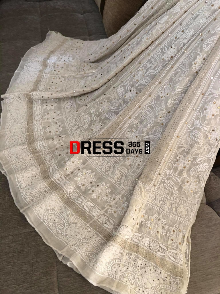 Ivory Kamdani Lucknowi Anarkali Suit Chikankari