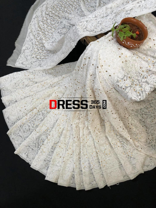 Ivory Kamdani Lucknowi Chikankari Saree