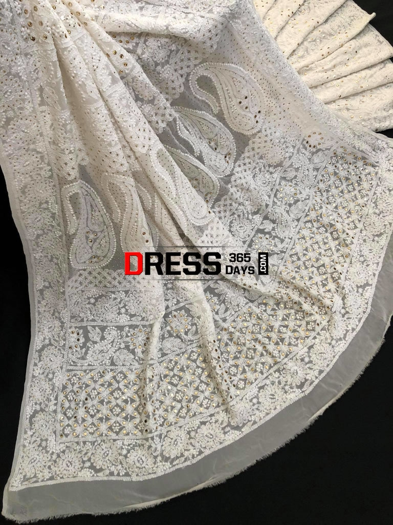Ivory Kamdani Lucknowi Chikankari Saree