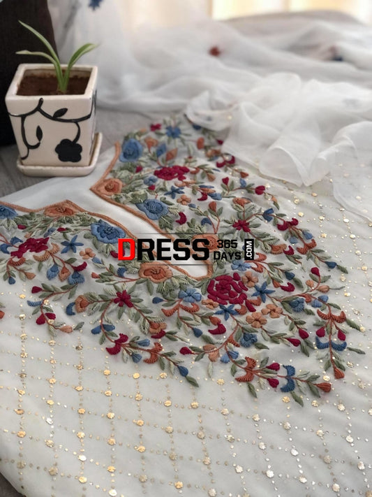 Ivory Kamdani & Parsi Gara Suit Chikankari Suits