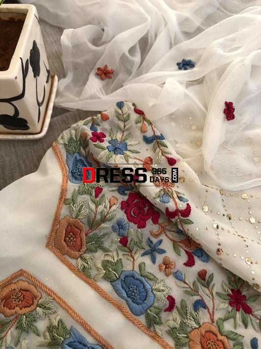 Ivory Kamdani & Parsi Gara Suit Chikankari Suits