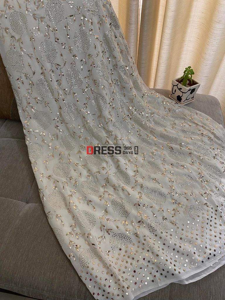 Ivory Kamdani Partywear Saree Chikankari