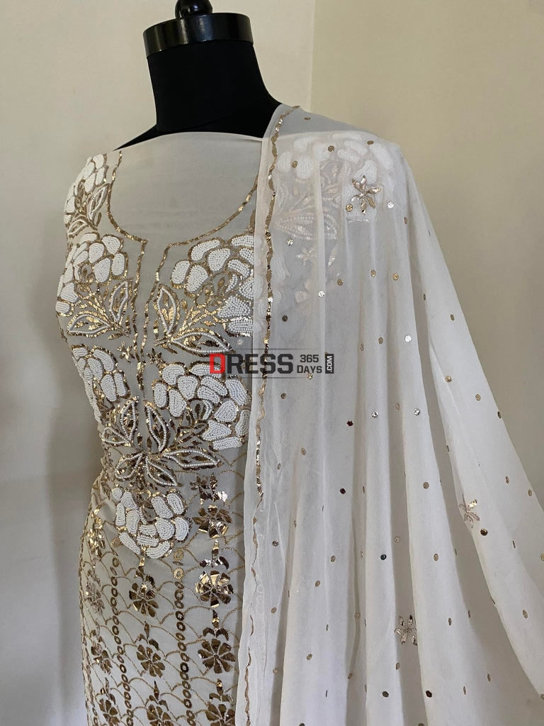Ivory Kamdani & Pearl Work Lucknowi Suit Chikankari Suits