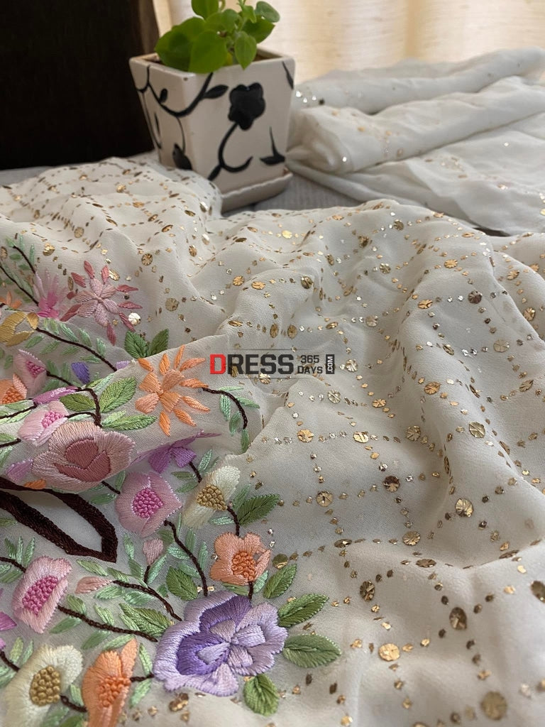 Ivory Kamdani Suit With Parsi Gara Embroidered Neckline Chikankari Suits