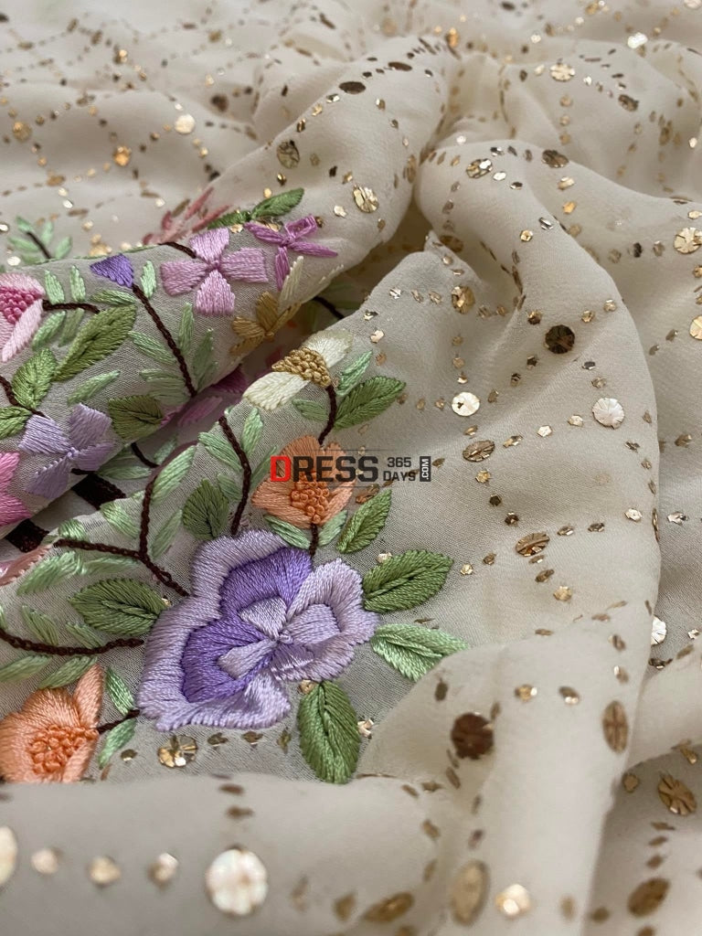 Ivory Kamdani Suit With Parsi Gara Embroidered Neckline Chikankari Suits