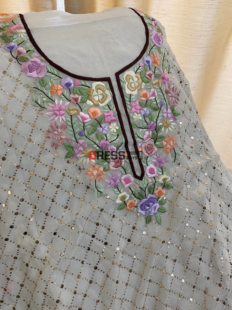Ivory Kamdani Suit With Parsi Gara Embroidered Neckline Chikankari Suits
