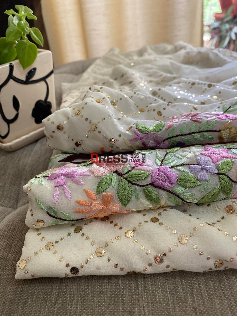 Ivory Kamdani Suit With Parsi Gara Embroidered Neckline Chikankari Suits