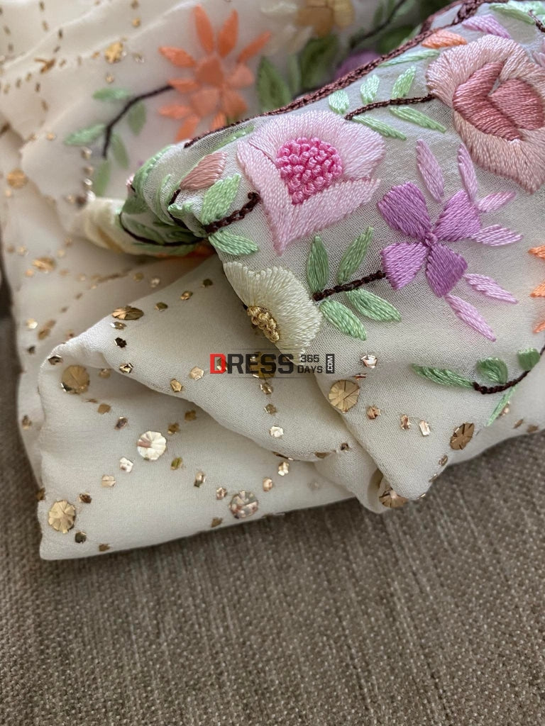 Ivory Kamdani Suit With Parsi Gara Embroidered Neckline Chikankari Suits