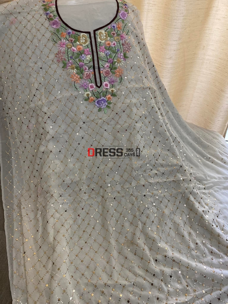 Ivory Kamdani Suit With Parsi Gara Embroidered Neckline Chikankari Suits