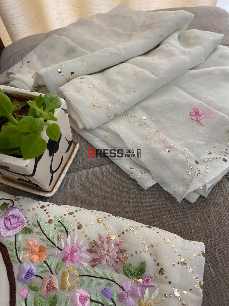Ivory Kamdani Suit With Parsi Gara Embroidered Neckline Chikankari Suits