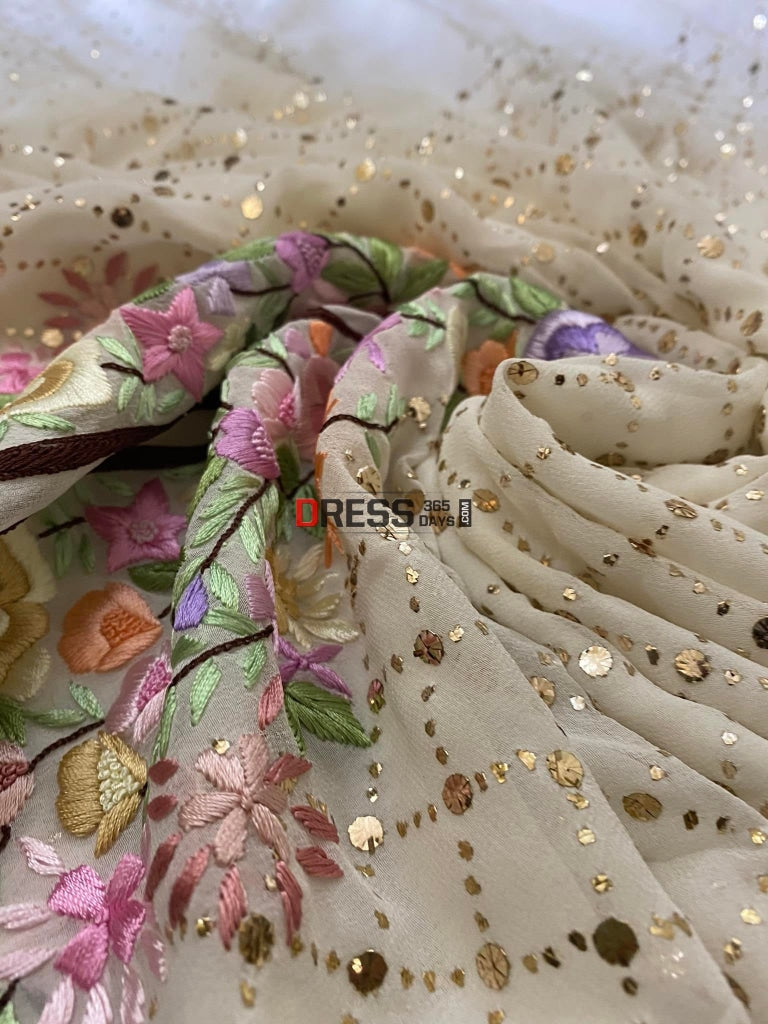 Ivory Kamdani Suit With Parsi Gara Embroidered Neckline Chikankari Suits
