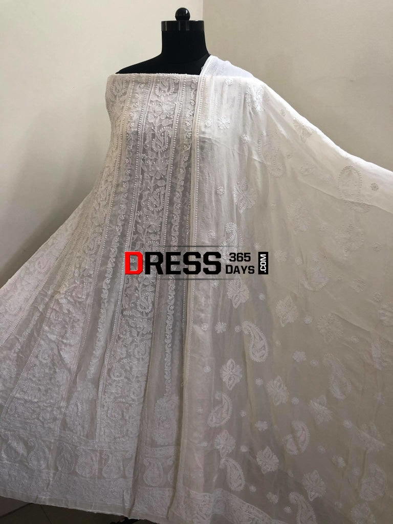 Ivory Lucknowi Anarkali With Embroidered Dupatta Chikankari