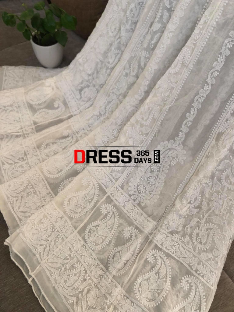 Ivory Lucknowi Anarkali With Embroidered Dupatta Chikankari