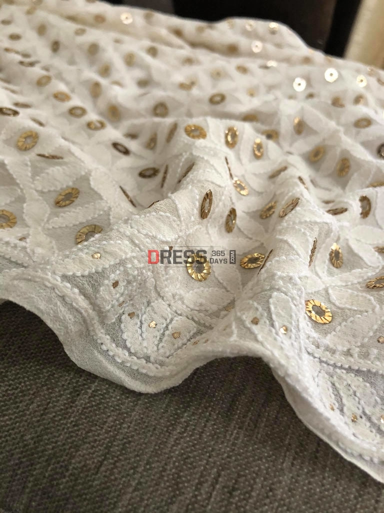 Ivory Lucknowi Dupatta With Ring Mukaish Chikankari