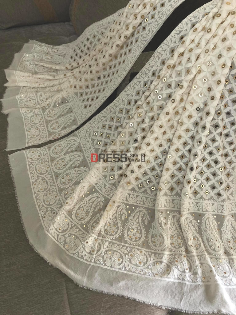 Ivory Lucknowi Dupatta With Ring Mukaish Chikankari