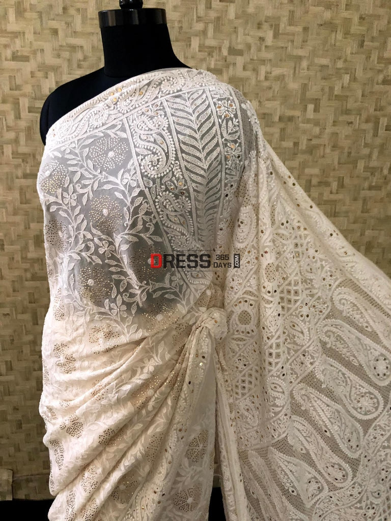 Ivory Lucknowi Kamdani Saree Chikankari