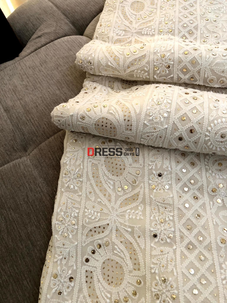 Ivory Lucknowi Kamdani Saree Chikankari