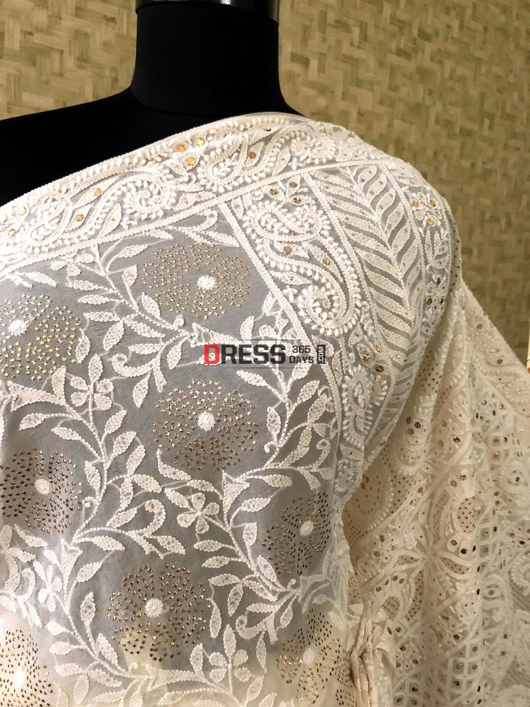 Ivory Lucknowi Kamdani Saree Chikankari