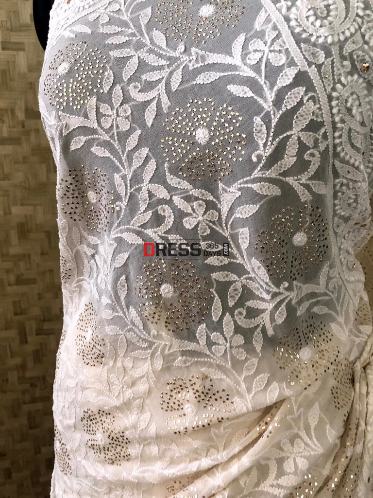Ivory Lucknowi Kamdani Saree Chikankari
