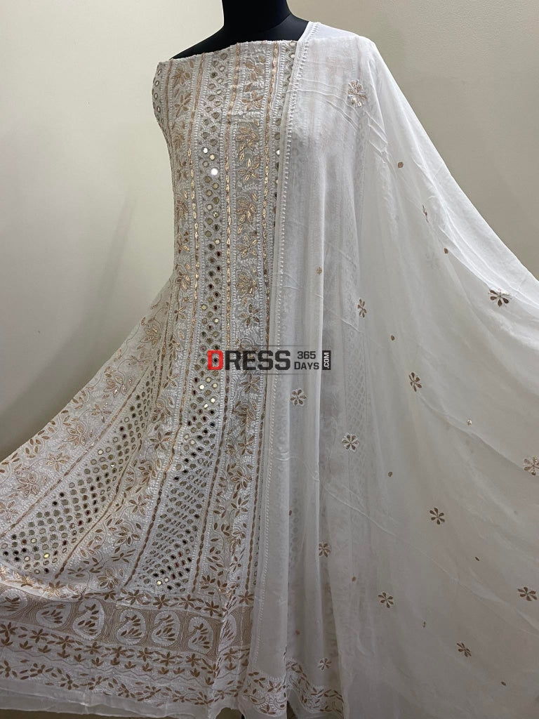 Ivory Lucknowi Mirror Work Anarkali Chikankari