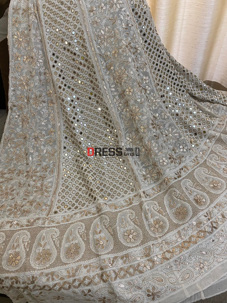 Ivory Mirror & Chikankari Lehenga Set