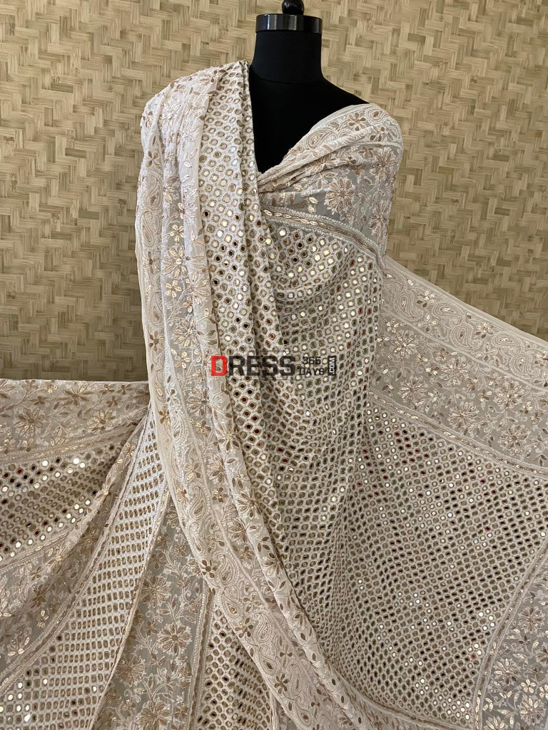 Ivory Mirror & Chikankari Lehenga Set