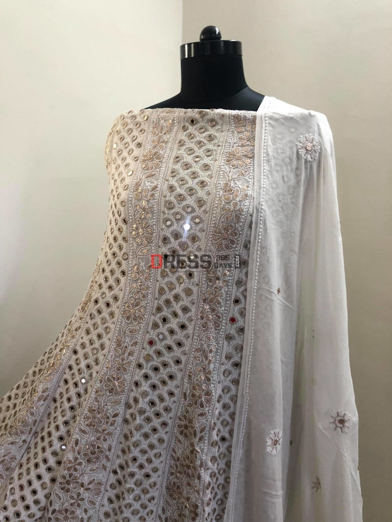Ivory Mirror Gota Patti Lucknowi Anarkali Suit Chikankari