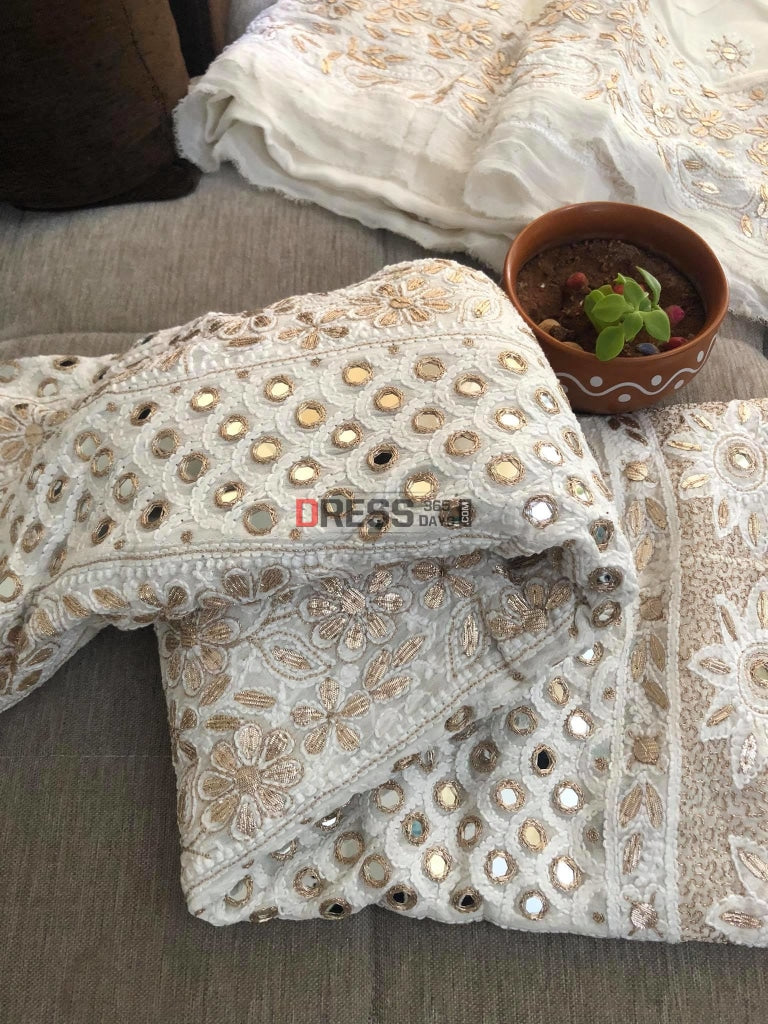 Ivory Mirror Gota Patti Lucknowi Anarkali Suit Chikankari