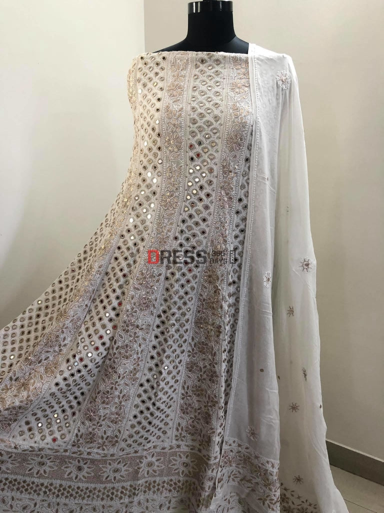 Ivory Mirror Gota Patti Lucknowi Anarkali Suit Chikankari