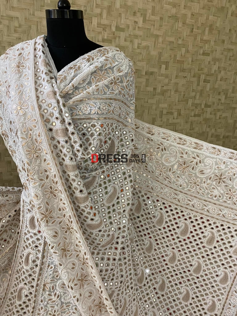 Ivory Mirror Work Chikankari Lehenga Set