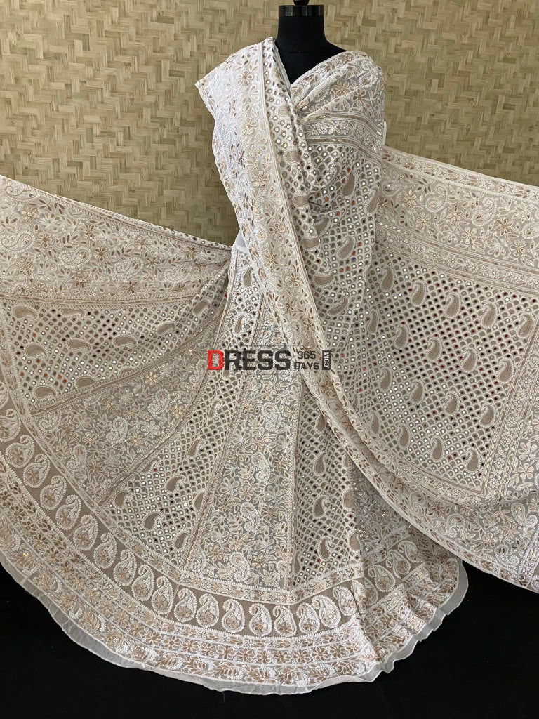 Ivory Mirror Work Chikankari Lehenga Set